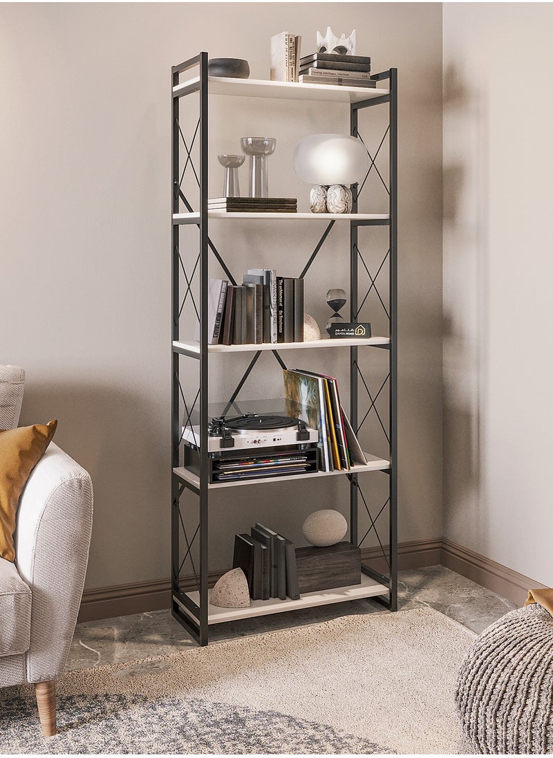 DANTA HOME - Library Bookshelves, Wooden Kitchen Storage Shelves, 5 Wooden Shelves And An Iron Frame With A Beautiful And Modern Design, 180x66x34 - White/Black - Image 1