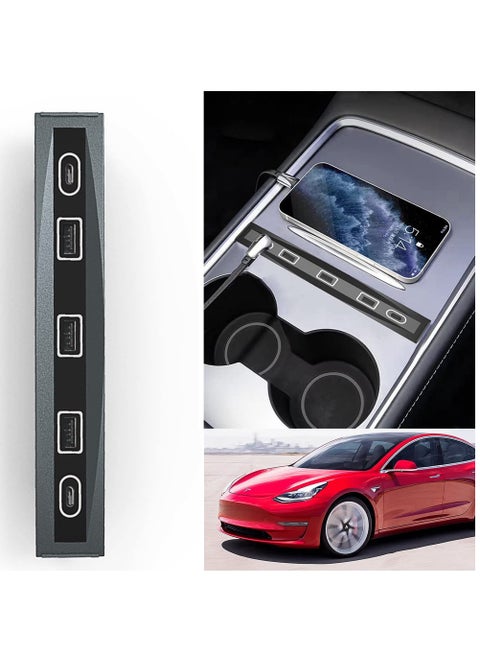 Tesla Model Y 4-in-1 USB LED Hub Docking Station with Smart Sensor for Center Console - Compatible Accessories for Enhanced Functionality