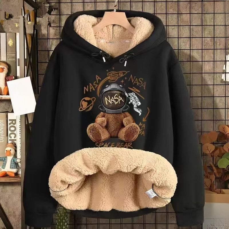 Mens Fleece Hoodie Autumn Winter Casual Loose Warm Oversized E44 Black  - Image 3