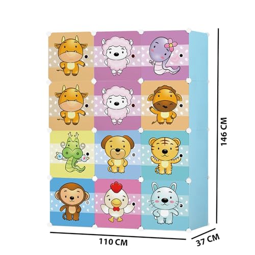 AYSIS Almirah for Clothes,Plastic Collapsible Wardrobe for Clothes for Kids Clothes/Toy/Book, Space-Saving Wardrobe for Clothes Storage in Bedroom Nursery,Cartoon (Zodiac Blue, 12-Shelf-12-Door) - Image 2