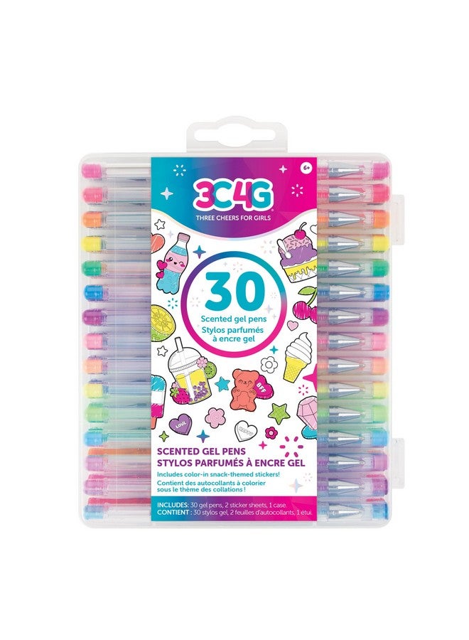 3C4G: 30 Scented Gel Pens - w/ 2 Color-in Snack Themed Sticker Sheets, 30 Different Vibrant Colors, Writing & Drawing, Three Cheers for Girls, Ages 6+ - Image 1
