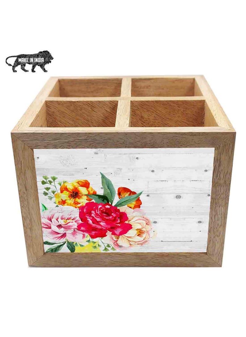 Nutcase Nutcase Wooden Cutlery Stand Holder Silverware Caddy Spoons Forks Knives Organizer for Dining Table Kitchen Made in IndiaSpoons NOT Included Vintage Flower  - Image 5