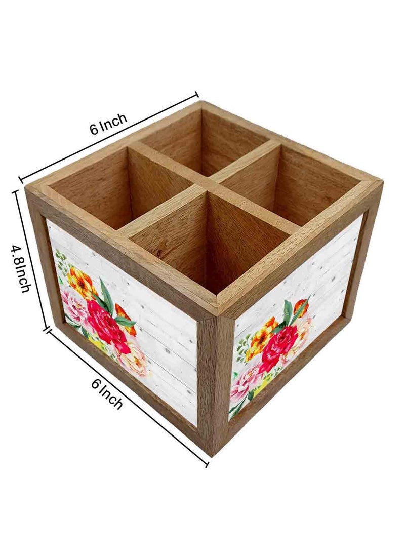 Nutcase Nutcase Wooden Cutlery Stand Holder Silverware Caddy Spoons Forks Knives Organizer for Dining Table Kitchen Made in IndiaSpoons NOT Included Vintage Flower  - Image 4