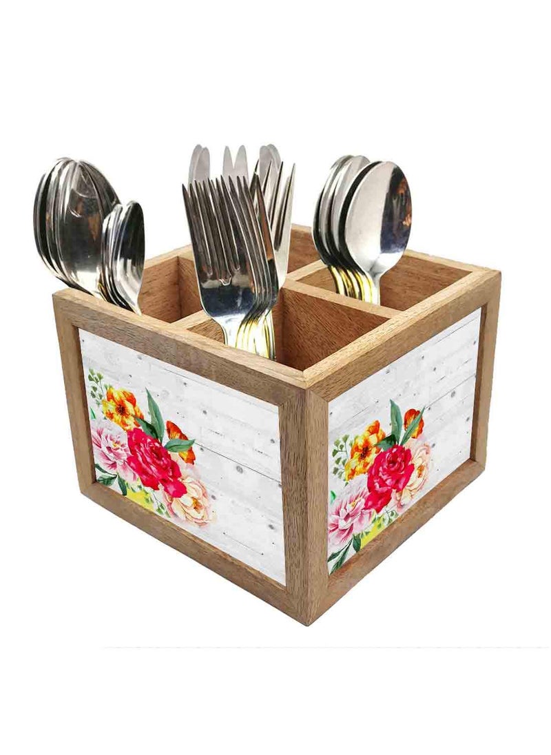 Nutcase Nutcase Wooden Cutlery Stand Holder Silverware Caddy Spoons Forks Knives Organizer for Dining Table Kitchen Made in IndiaSpoons NOT Included Vintage Flower  - Image 1