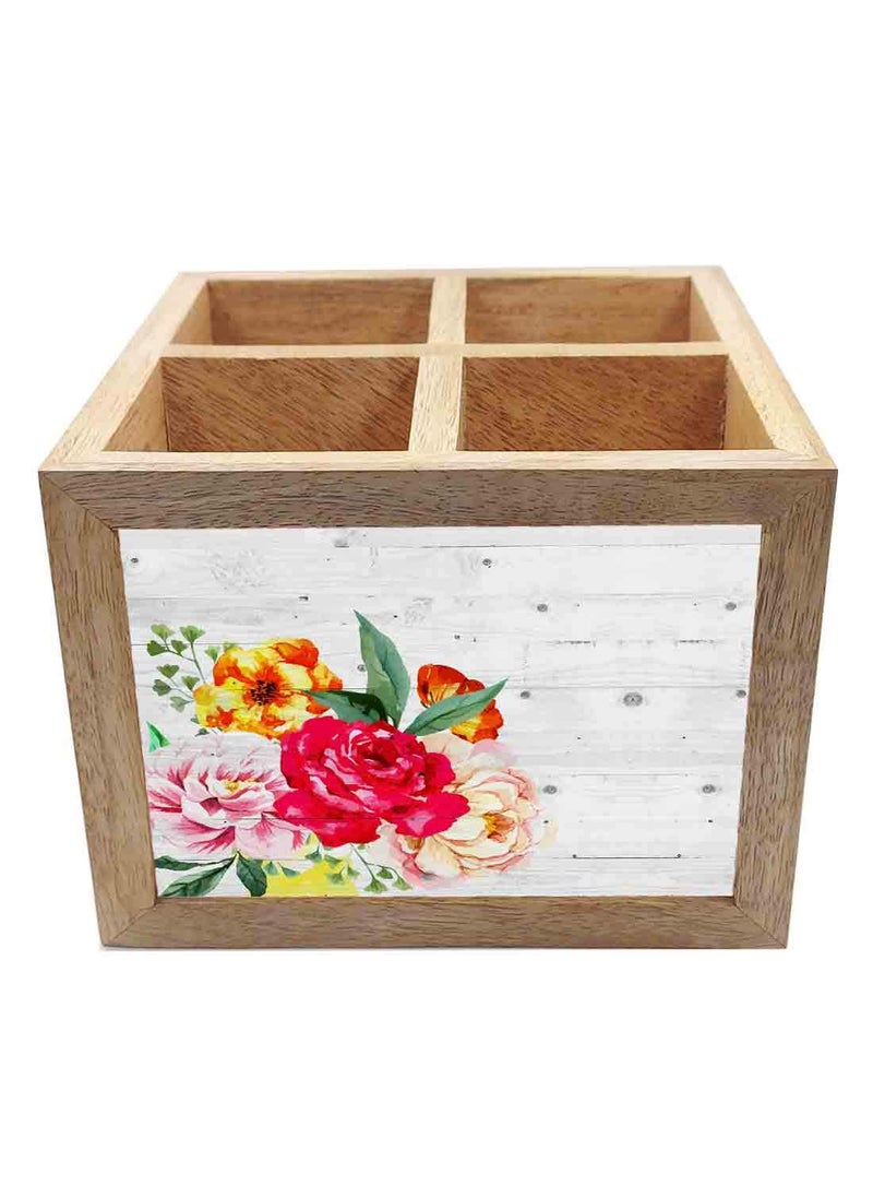 Nutcase Nutcase Wooden Cutlery Stand Holder Silverware Caddy Spoons Forks Knives Organizer for Dining Table Kitchen Made in IndiaSpoons NOT Included Vintage Flower  - Image 3