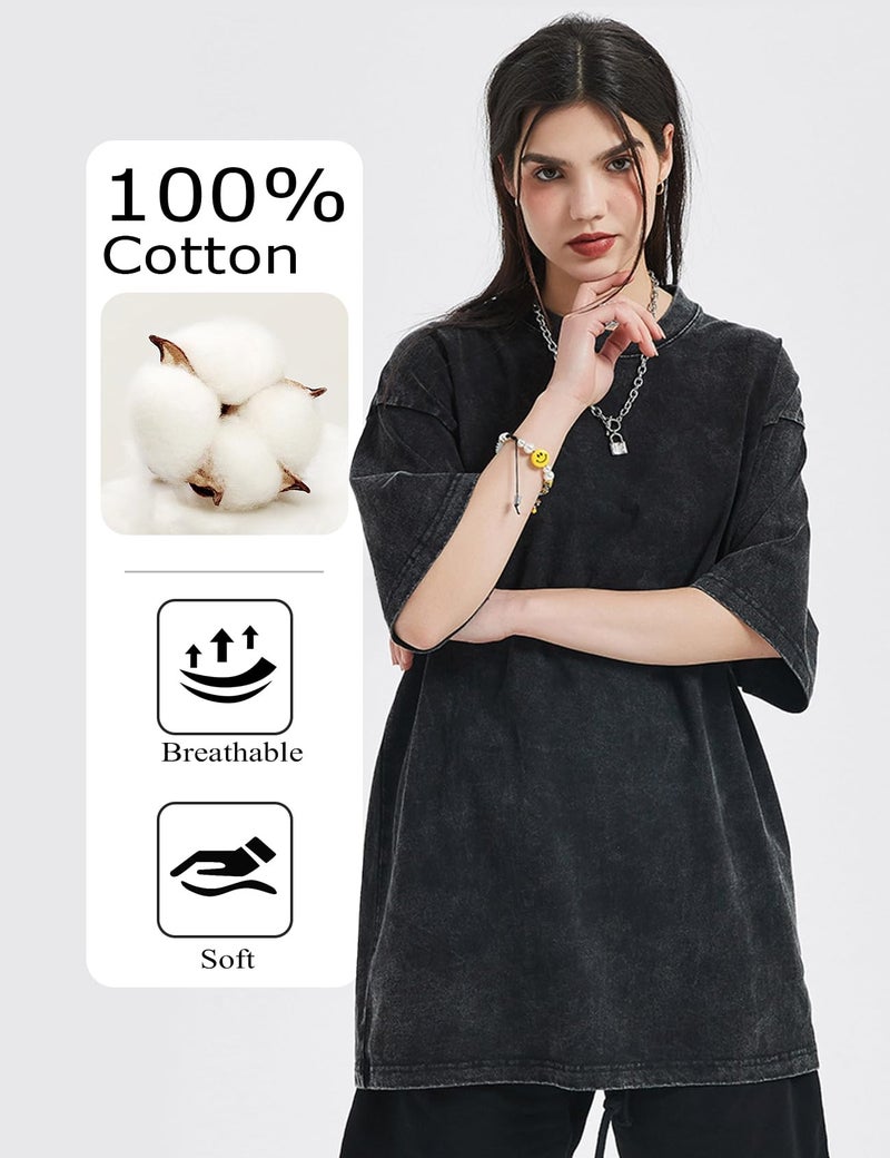 Yimoon Oversized Tshirts for Women Acid Wash Cotton Tee Shirts Baggy Boyfriend Vintage Streetwear Tops(Blackgreybeige-XL) - Image 4