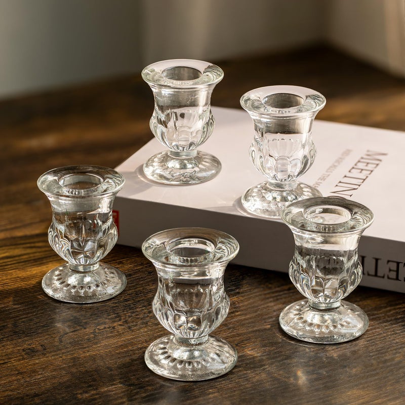 Romadedi Glass Taper Candle Holders  20Pcs Clear Small Candlestick Holder Bulk Thicker Glass Candle Sticks Set for Wedding Christmas Party Dining Table Table Centerpiece Decor