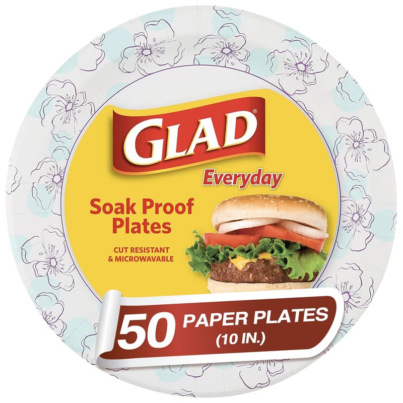 Glad 10 Inch Round Paper Plates 50 Count - Heavy Duty Round Disposable Plates for Parties - Sturdy  Soak Proof  Microwave Safe Plates - Large  Thick Plates for Dinner - Bulk Microwavable Paper Plates - Image 1