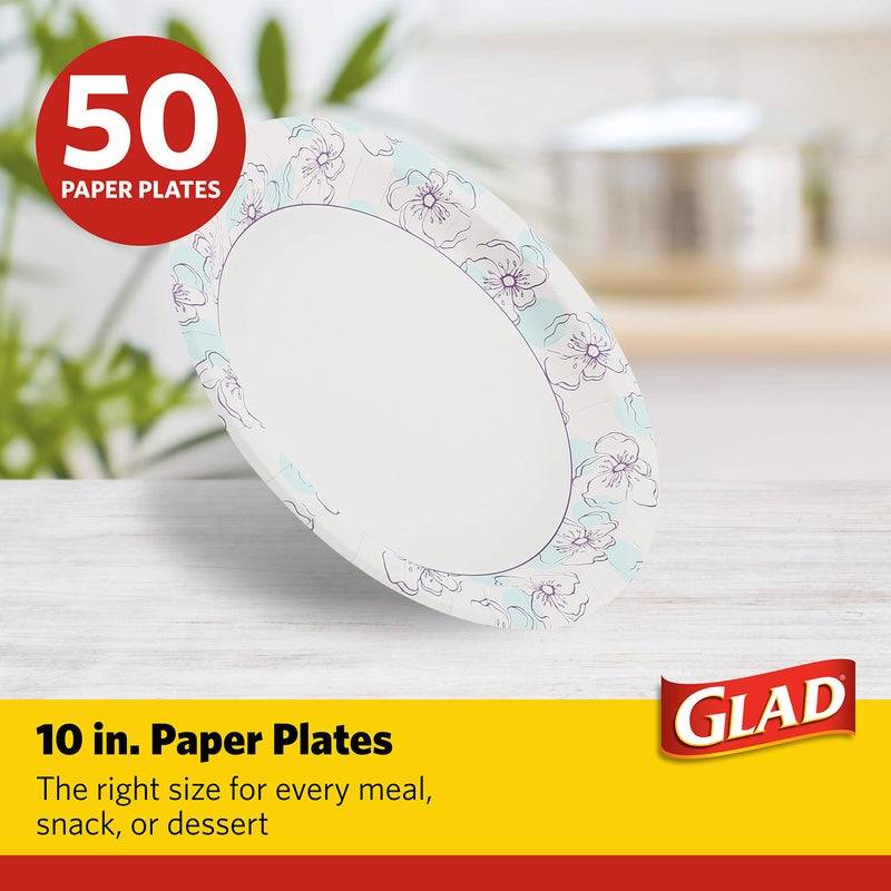 Glad 10 Inch Round Paper Plates 50 Count - Heavy Duty Round Disposable Plates for Parties - Sturdy  Soak Proof  Microwave Safe Plates - Large  Thick Plates for Dinner - Bulk Microwavable Paper Plates - Image 2