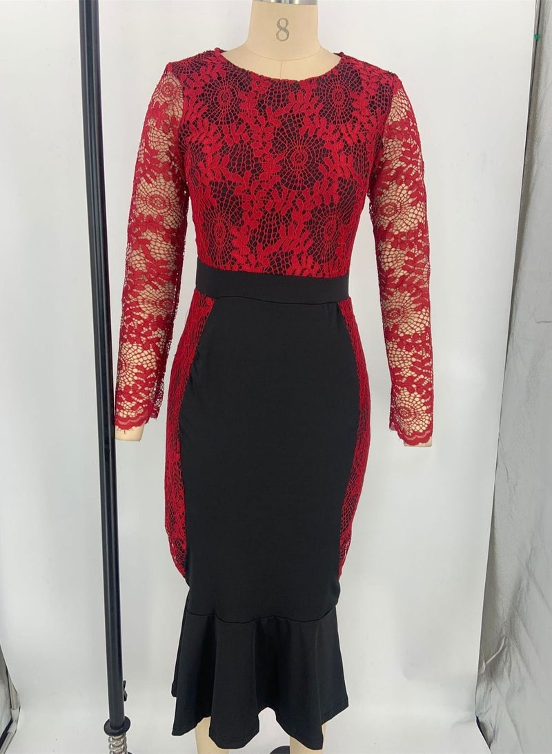 Loquat Lace Dress With High Waist And Long Sleeve Red 
