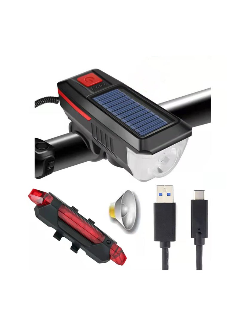 Excefore Bicycle Light Set LED Bike Headlight 800 Lumen USB Rechargeable Solar Energy 3 Light Modes Bike Light IP65 Waterproof with Taillight and Trumpet Accessories for Bicycle Cycling - Image 1