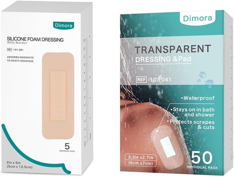 Dimora Foam Wound Dressing 2x5 5 Pack  Waterproof Transparent Film Dressing with Pad 50 Pack 23x27 - Image 1