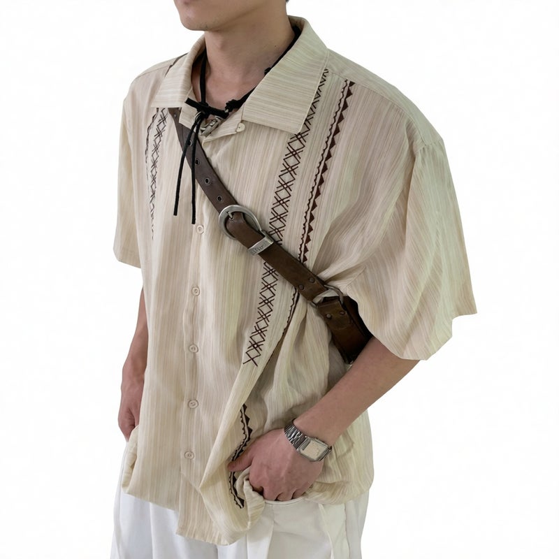 Vintage Ethnic Embroidery Short Sleeve Shirt Cuban Collar Casual Summer Blouse - Image 2