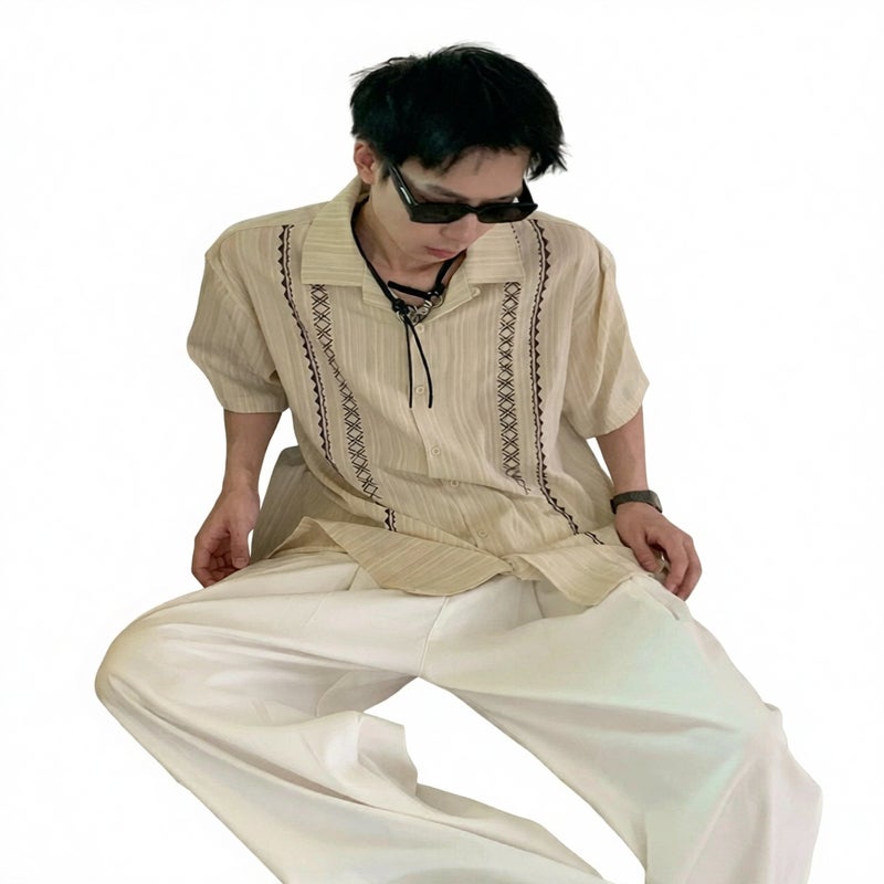 Vintage Ethnic Embroidery Short Sleeve Shirt Cuban Collar Casual Summer Blouse - Image 1