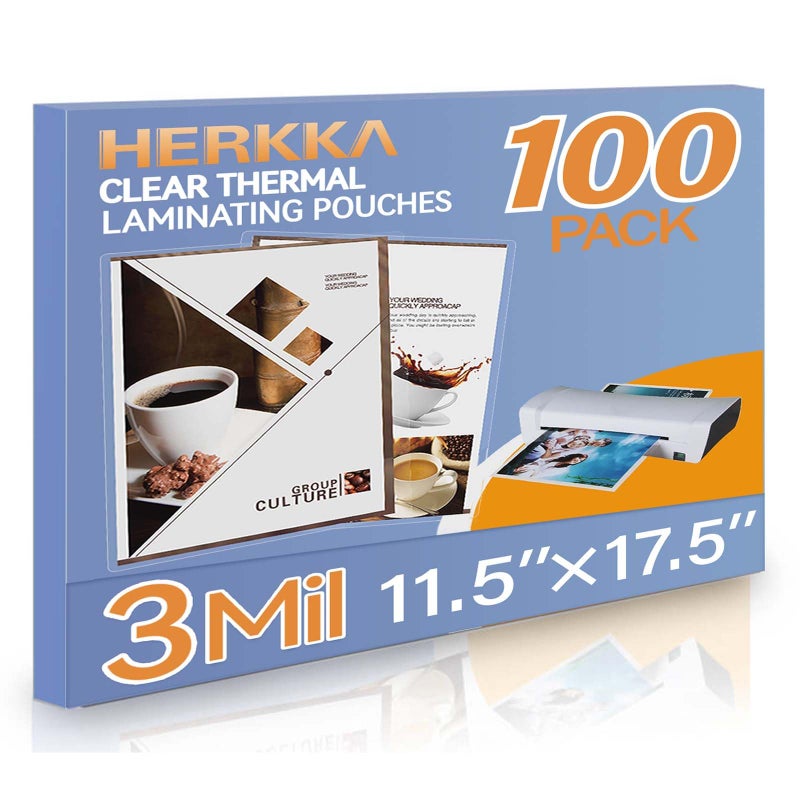 HERKKA 100 Pack Laminating Sheets, Hold 11 x 17 Inch Sheet, 3 Mil Clear Thermal Laminating Pouches 11.5 x 17.5 Inch Lamination Sheet Paper for Laminator, Round Corner - Image 1