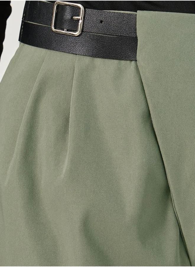 ستايلي Straight Fit Mid Rise Cross Panel Pants with Belt