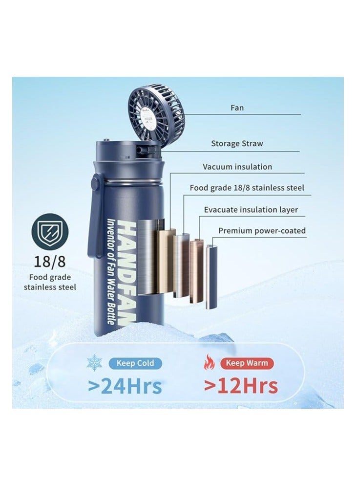 HandFan Bottle 24 oz Insulated Water Bottle with Fan, Stainless Steel Sports Water Bottles Flask with Straw, Personalized Hot & Cold Water Jug, Travel Thermo Mug Gifts for Women Running Gym(Blue)-(Colour different) - Image 2