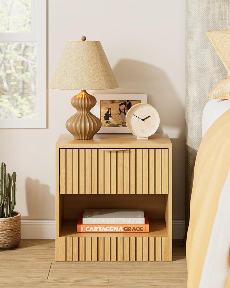 Apetaccat Small Nightstand, Modern Night Stand, Bedside Table with Drawer and Open Shelf, Cube Design, Small Side Table for Bedroom, Living Room, Oak - Image 1