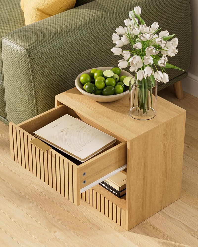 Apetaccat Small Nightstand, Modern Night Stand, Bedside Table with Drawer and Open Shelf, Cube Design, Small Side Table for Bedroom, Living Room, Oak - Image 5