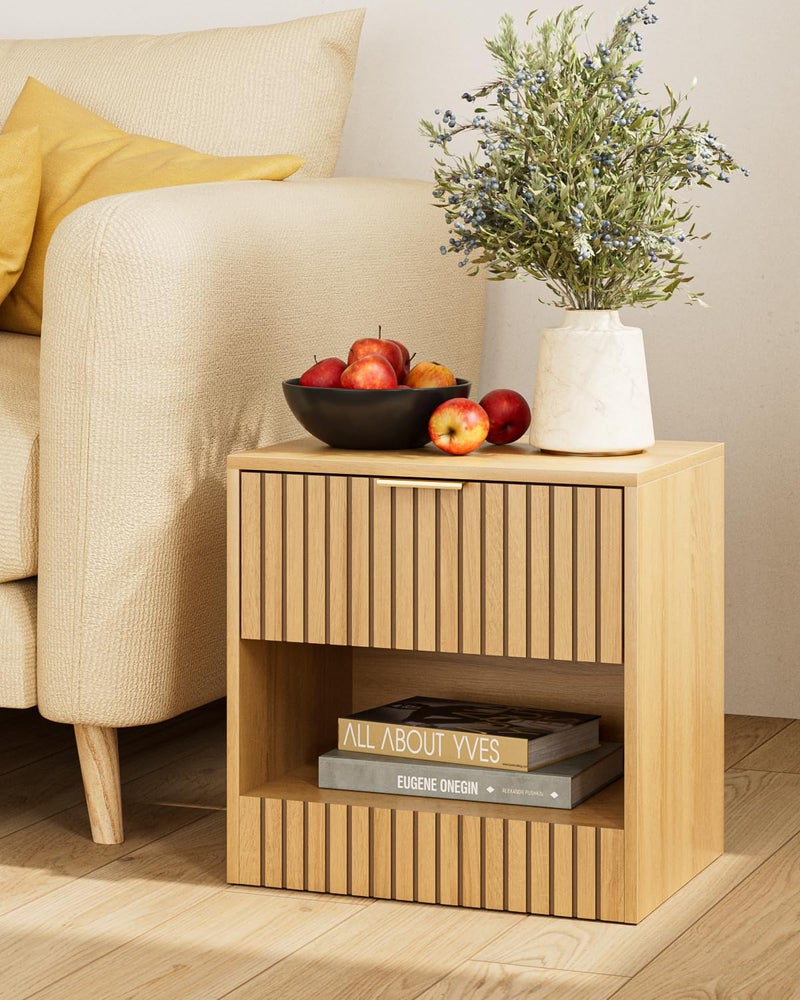 Apetaccat Small Nightstand, Modern Night Stand, Bedside Table with Drawer and Open Shelf, Cube Design, Small Side Table for Bedroom, Living Room, Oak - Image 3