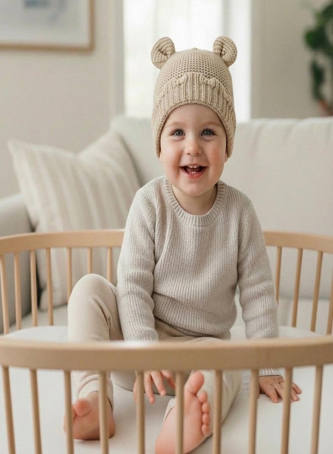LAWKUL Baby Beanie Hat Winter 100% Cotton with Cute Bear Ear Cap Soft Warm for Infant Toddler Boy Girl 0-6 Months Beige - Image 3