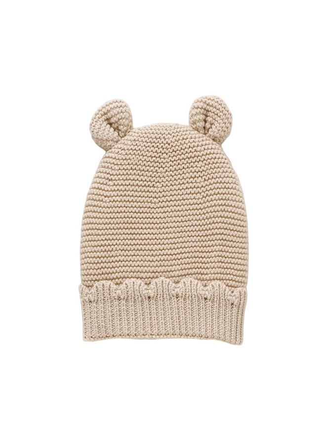 LAWKUL Baby Beanie Hat Winter 100% Cotton with Cute Bear Ear Cap Soft Warm for Infant Toddler Boy Girl 0-6 Months Beige - Image 1