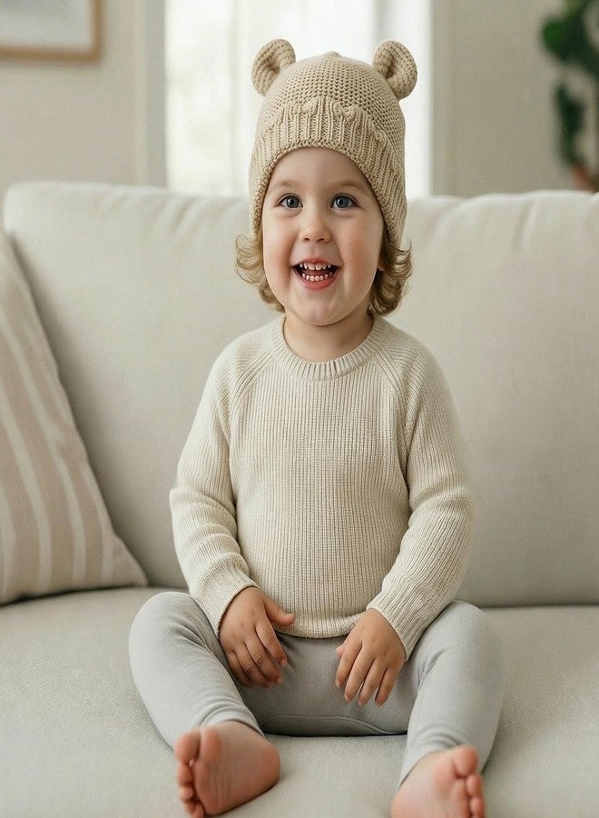 LAWKUL Baby Beanie Hat Winter 100% Cotton with Cute Bear Ear Cap Soft Warm for Infant Toddler Boy Girl 0-6 Months Beige - Image 2