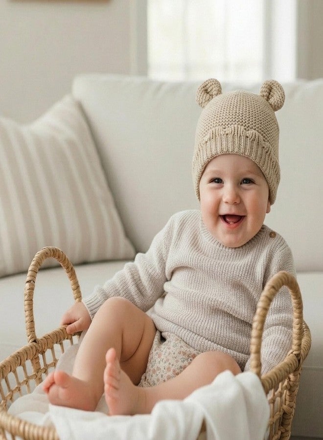 LAWKUL Baby Beanie Hat Winter 100% Cotton with Cute Bear Ear Cap Soft Warm for Infant Toddler Boy Girl 0-6 Months Beige - Image 4