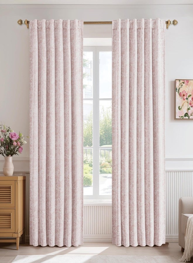 Beauoop Pink Floral Jacquard Blackout Curtains 84 Inches Long 2 Panels for Girls Bedroom Living Room Chenille Flower Room Darkening Thermal Insulated Soundproof Rod Pocket Back Tab Window Drapes 52x84 - Image 2