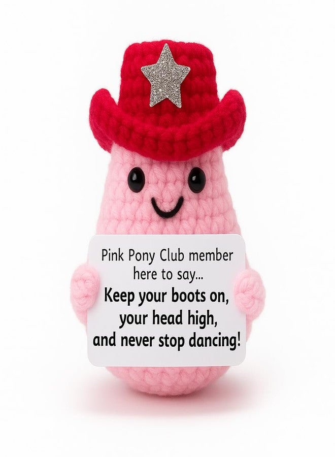 M.O.Q. Pink Pony Club Cowgirl Crochet Doll Birthday Stocking Stuffer Dirty Santa White Elephant Crochet Gifts Ideas for Her Women Friend Small Cute Stuff Things Handmade Emotional Positive Decor - Image 1