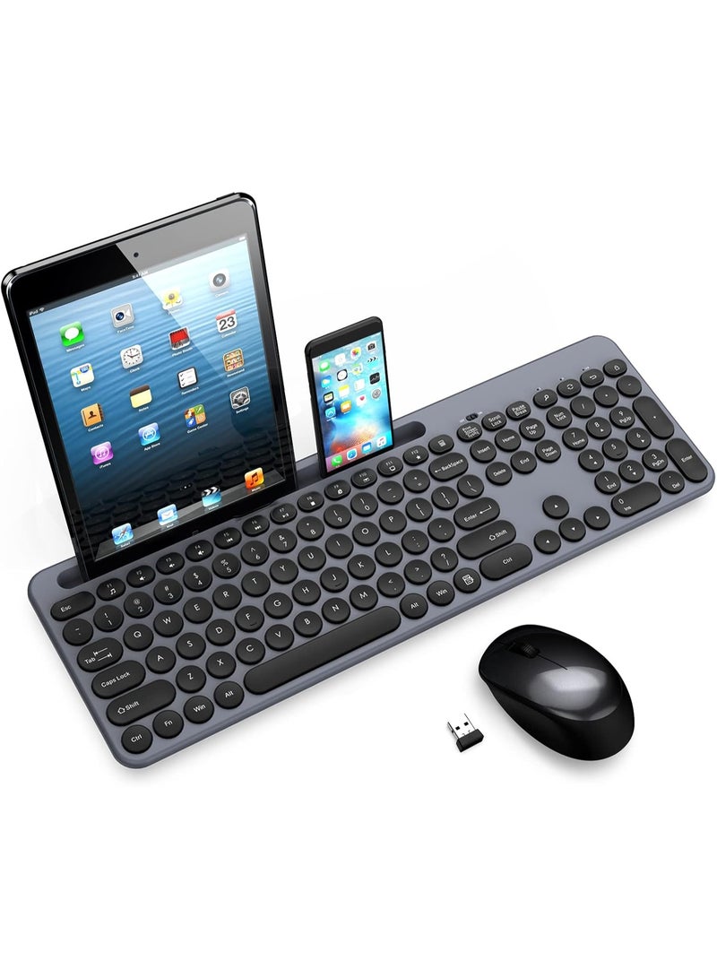 Wireless Keyboard and Mouse Combo, Full-Sized Ergonomic Computer Keyboard with Phone Tablet Holder, 2.4GHz Silent Cordless Keyboard Mouse Set for Windows Laptop, PC, Desktop - Grey - Image 1