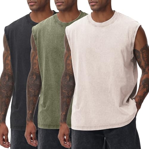 SnowElve 3 Pack Mens Workout Tank Tops Sleeveless Tee Shirts Men Muscle Shirt Gym Acid Wash T Shirts Running Beach Loose Fit Tee(BKAGAC,2XL) - Image 1