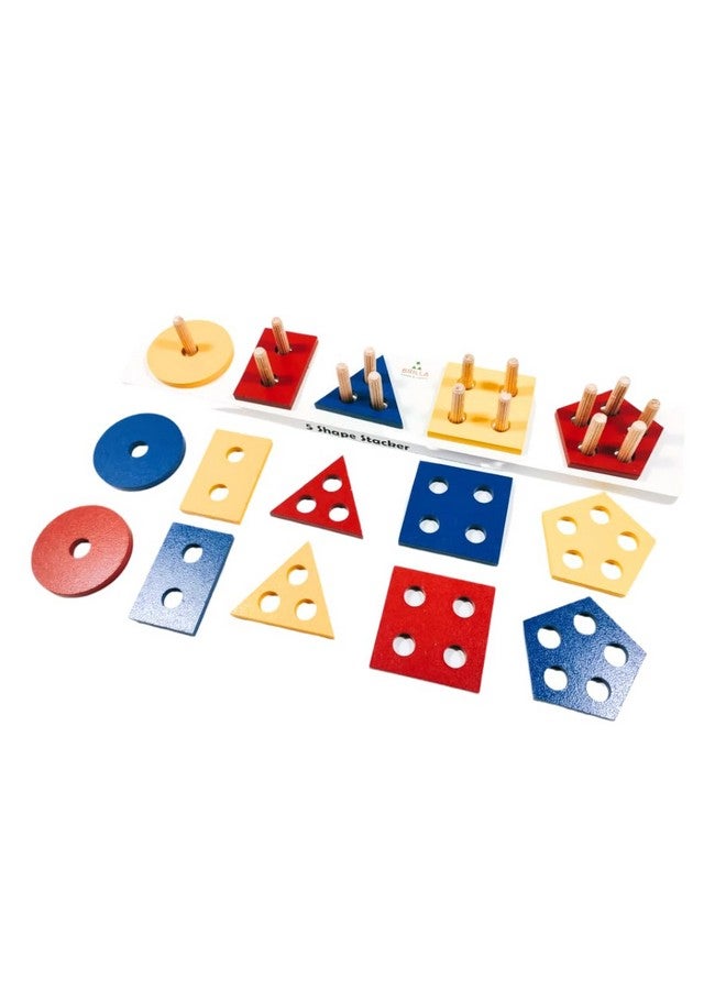 Brilla Wooden 5 Shape Stacker (15 Pieces) for Stacking, Sorting & Building with Scan & Learn - Image 1