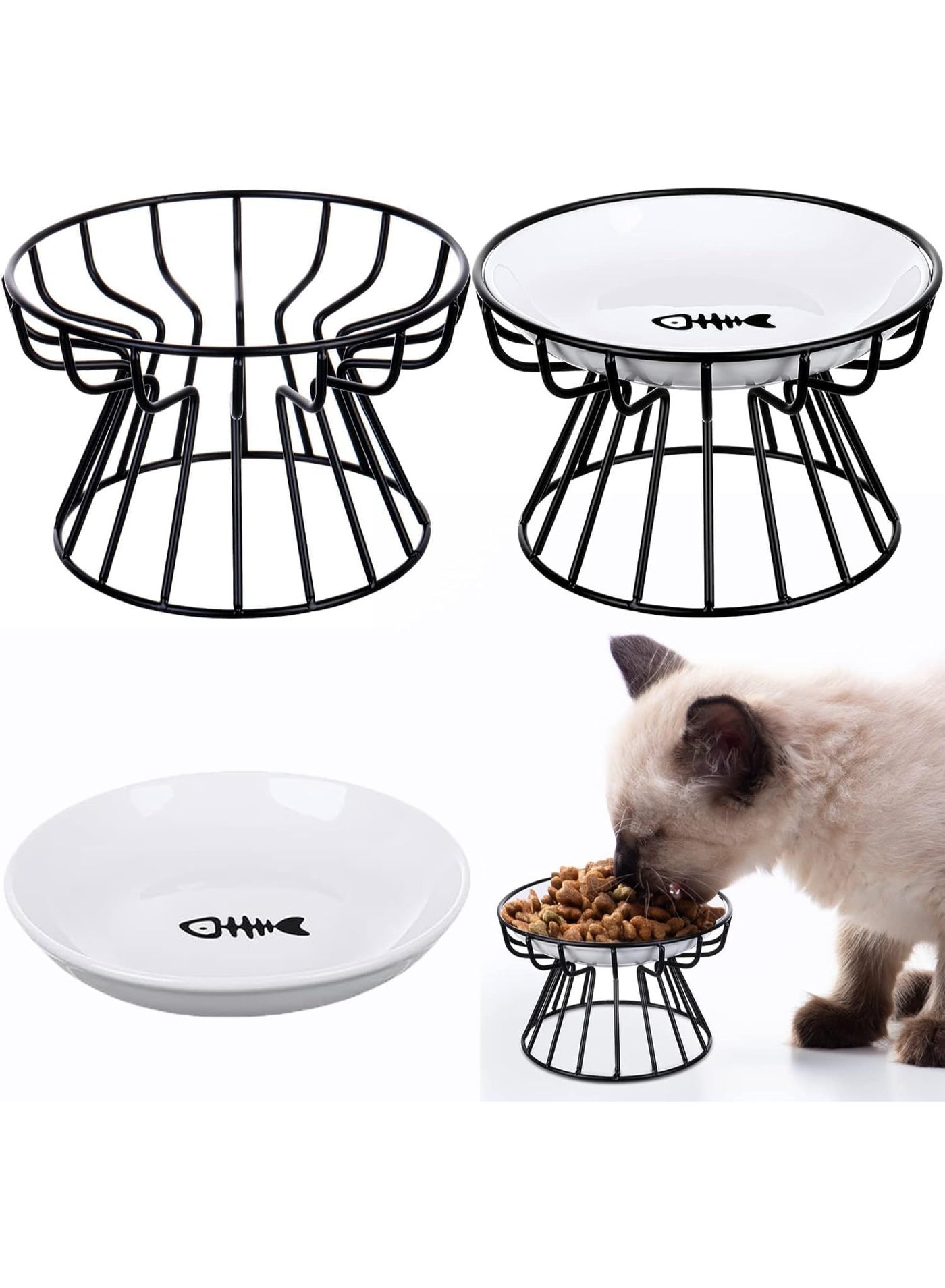Cat Bowls, Raised Ceramic Cat Dish with Metal Stand, Pet Water or Food Feeding Station for Indoor Cats, Kitten, Puppies and Small Dogs, Dishwasher Safe