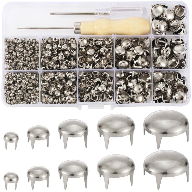 YORANYO 1220 Pcs Assorted Sizes Studs for Clothing Leather Rivets Round Dome Studs and Spikes Prong Studs Kit for Leather Craft Clothing Belts Bags Shoes Bracelets Dog Collar Accessories (Silver) - Image 1