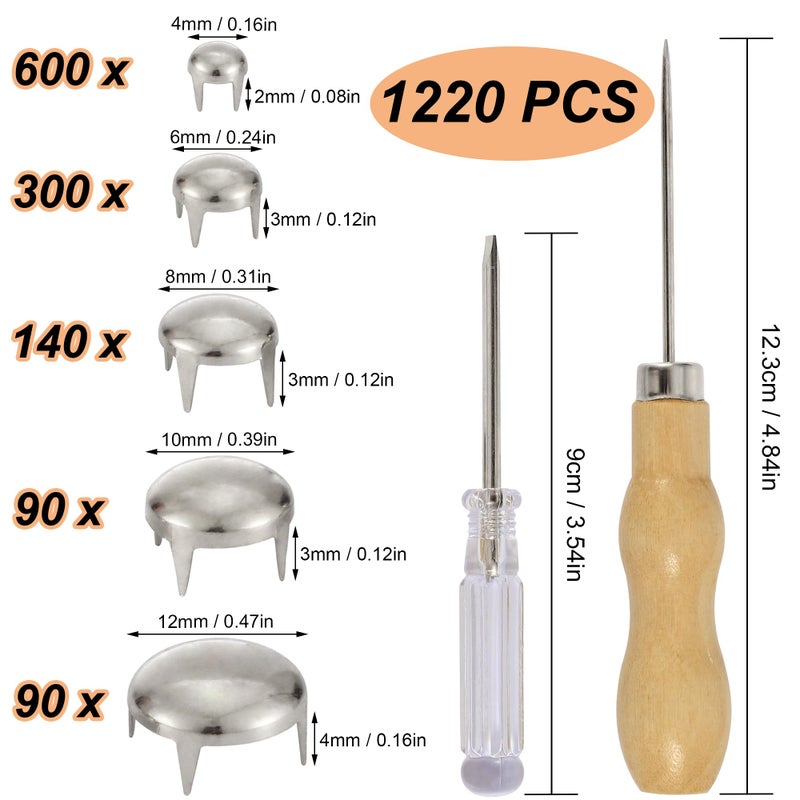 YORANYO 1220 Pcs Assorted Sizes Studs for Clothing Leather Rivets Round Dome Studs and Spikes Prong Studs Kit for Leather Craft Clothing Belts Bags Shoes Bracelets Dog Collar Accessories (Silver) - Image 2
