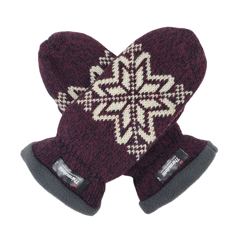 BRUCERIVER Women Snowflake Knit Mittens with Warm Fleece Lining Size M (Aubergine) - Image 1