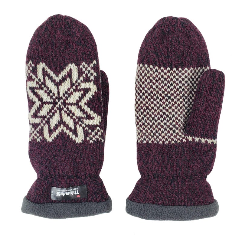 BRUCERIVER Women Snowflake Knit Mittens with Warm Fleece Lining Size M (Aubergine) - Image 5