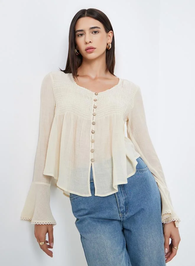 Take Two Take Two Beige Bell Sleeve Buttoned Top