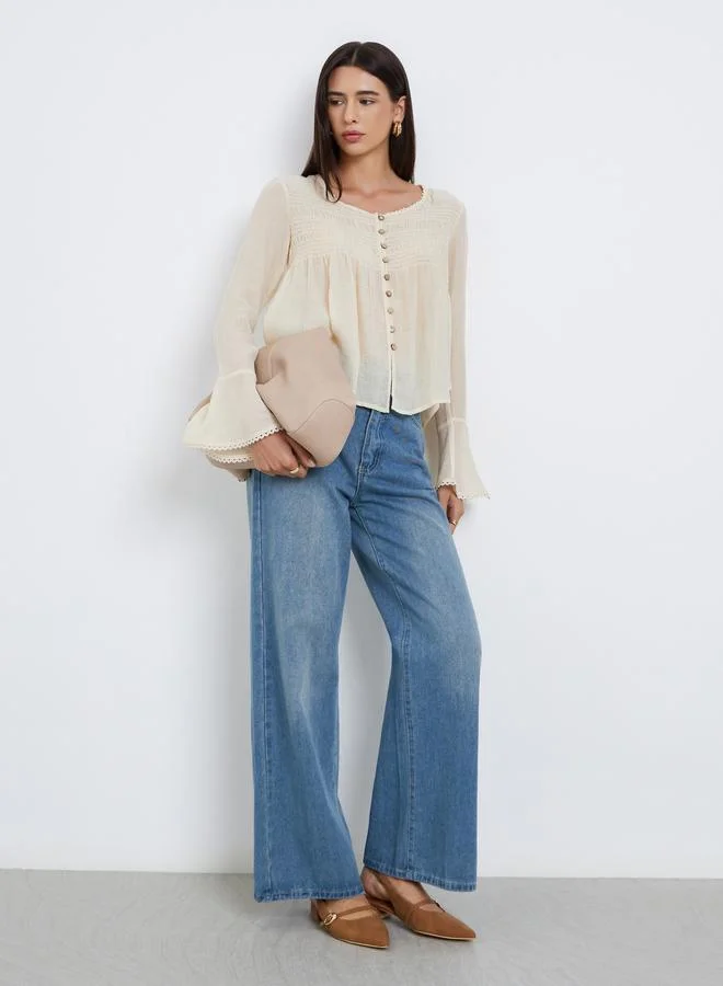 Take Two Take Two Beige Bell Sleeve Buttoned Top