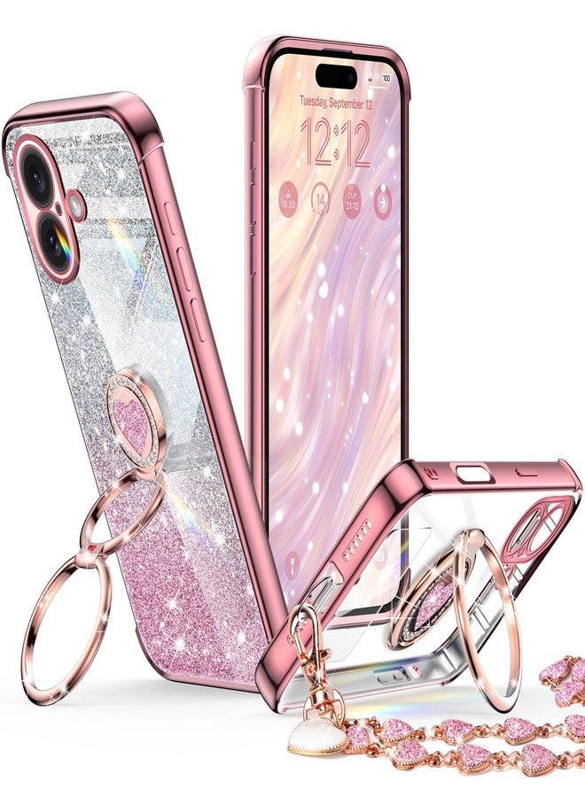 XYZ جراب XYZ لهاتف iPhone 16 مع حامل، جراب هاتف مع مسند حلقي مزدوج، جراب واقٍ فاخر على شكل قلب لطيف للنساء والفتيات لهاتف iPhone 16 مقاس 6.1 بوصة، ذهبي وردي - Image 1
