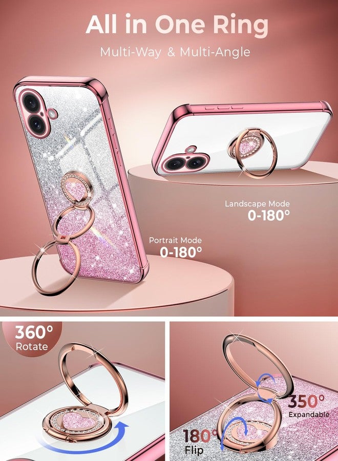 XYZ جراب XYZ لهاتف iPhone 16 مع حامل، جراب هاتف مع مسند حلقي مزدوج، جراب واقٍ فاخر على شكل قلب لطيف للنساء والفتيات لهاتف iPhone 16 مقاس 6.1 بوصة، ذهبي وردي - Image 3