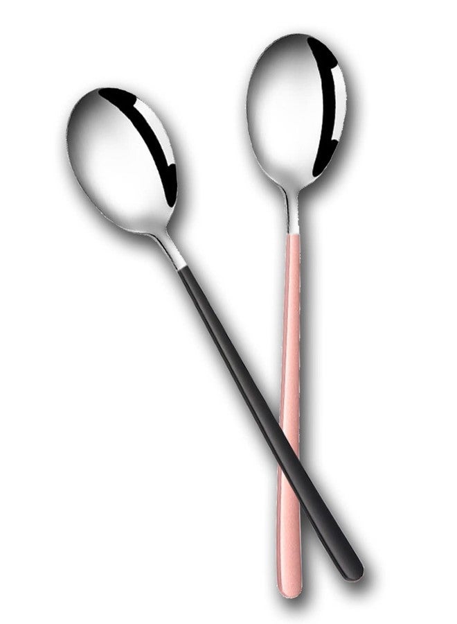 PRAYAS Silver Dessert Spoons Round Dinner Spoon Set Tableware Set Tablespoons Dinner Spoons Spoon Set Stainless Steel Soup Spoon Long Handle (Pack of 2) - Image 1
