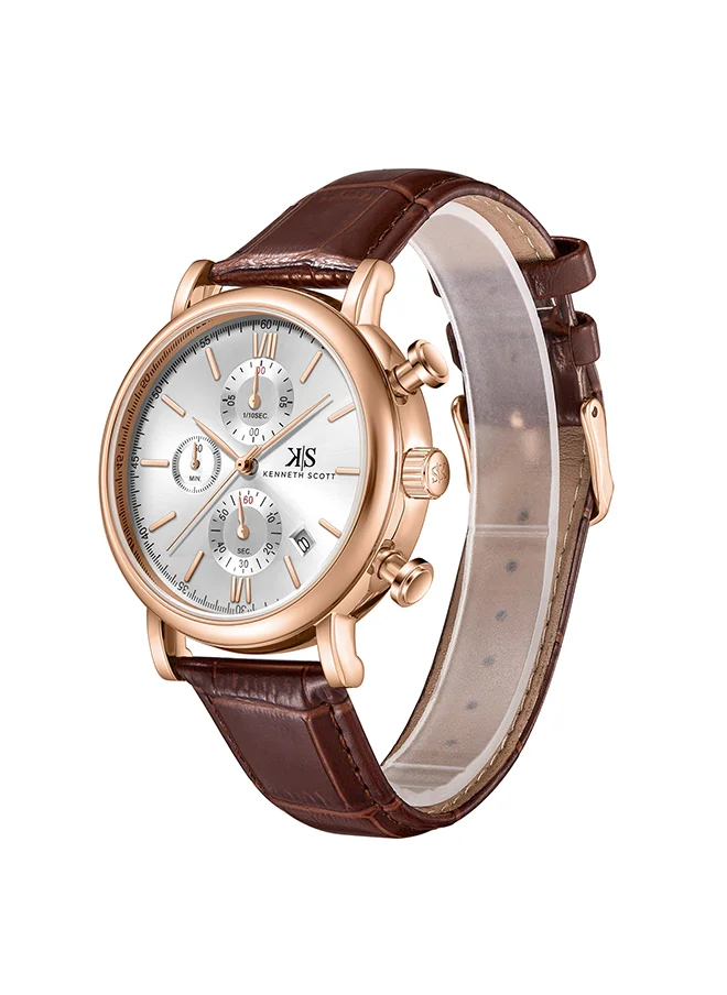 كينيث سكوت Men's Chrono & Multi Function Display Watch With Dark Brown Genuine Leather  Strap - K23151-RLDW