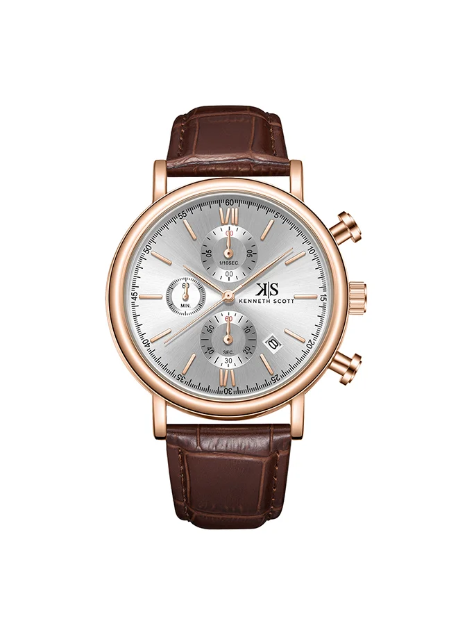كينيث سكوت Men's Chrono & Multi Function Display Watch With Dark Brown Genuine Leather  Strap - K23151-RLDW