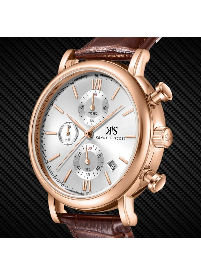 KENNETH SCOTT Men's Chrono & Multi Function Display Watch With Dark Brown Genuine Leather  Strap - K23151-RLDW