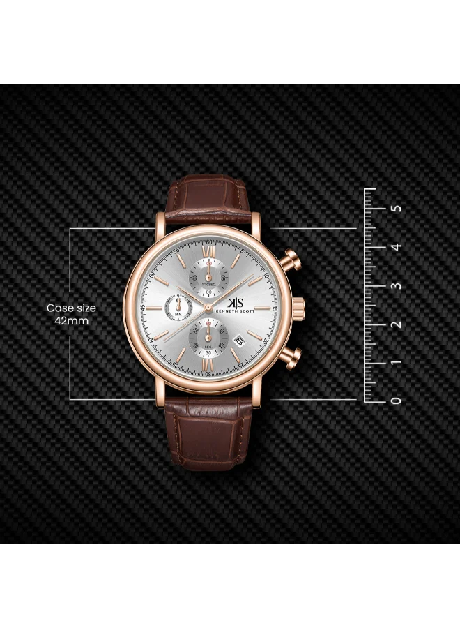 KENNETH SCOTT Men's Chrono & Multi Function Display Watch With Dark Brown Genuine Leather  Strap - K23151-RLDW