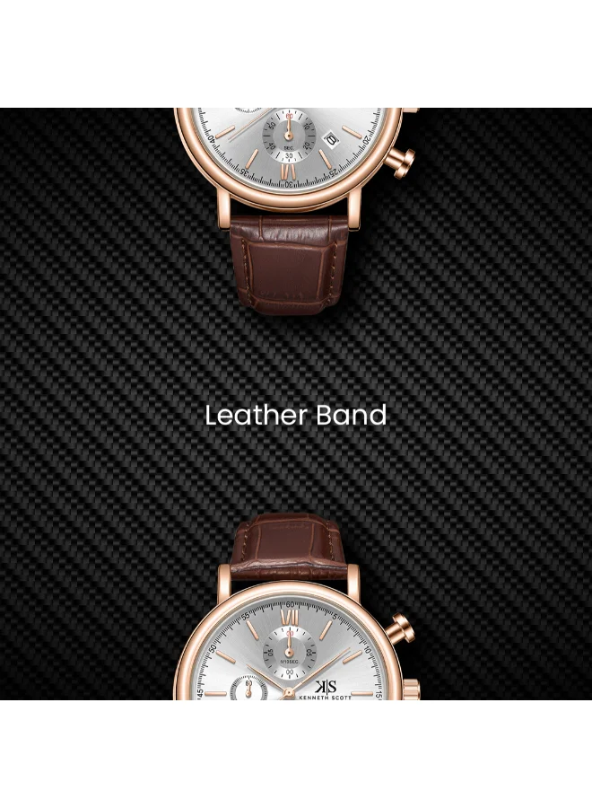 KENNETH SCOTT Men's Chrono & Multi Function Display Watch With Dark Brown Genuine Leather  Strap - K23151-RLDW