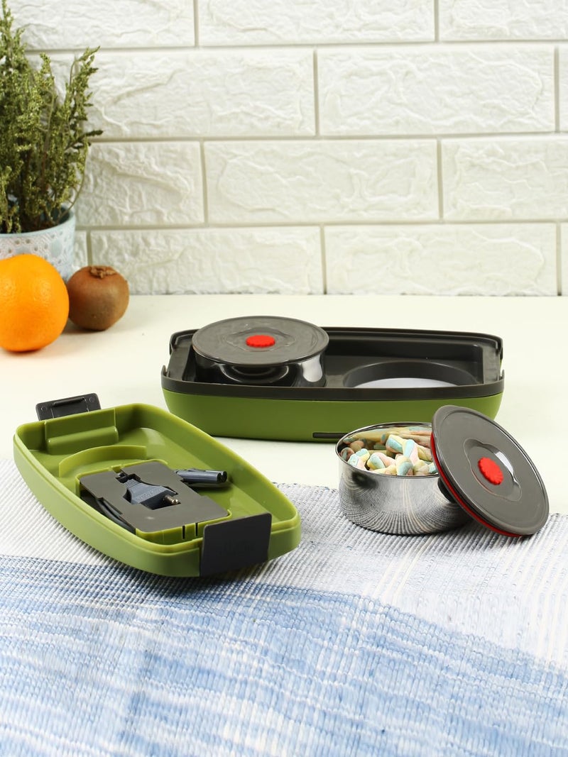 JAYPEE PLUS صندوق غداء كهربائي مع 2 حاويات ستانلس ستيل قابلة للإزالة 250 مل x2 مع سلك طاقة | فتحة تهوية في الغطاء | ختم سيليكون مضاد للتسرب | مؤشر LED | مضاد للصدمات | أخضر - Image 1