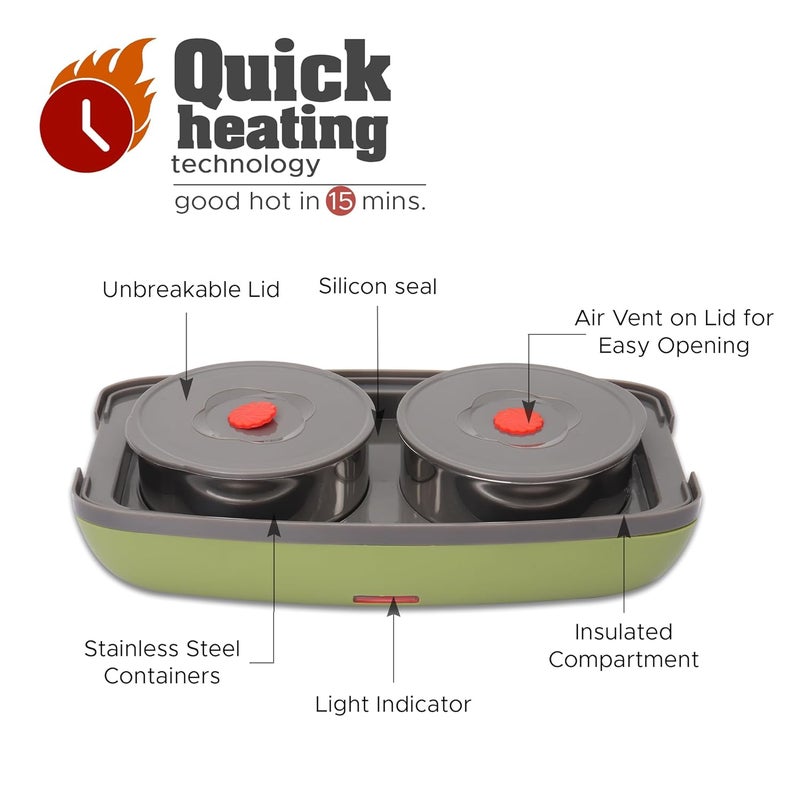JAYPEE PLUS صندوق غداء كهربائي مع 2 حاويات ستانلس ستيل قابلة للإزالة 250 مل x2 مع سلك طاقة | فتحة تهوية في الغطاء | ختم سيليكون مضاد للتسرب | مؤشر LED | مضاد للصدمات | أخضر - Image 4